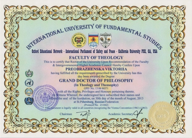Certificate of Grand Doctor TheoSophy
